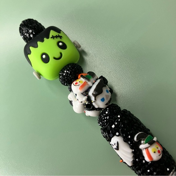 Halloween Kawaii Chibi Frankenstein Black Rhinestone Handmade Beaded Pen - Picture 2 of 7